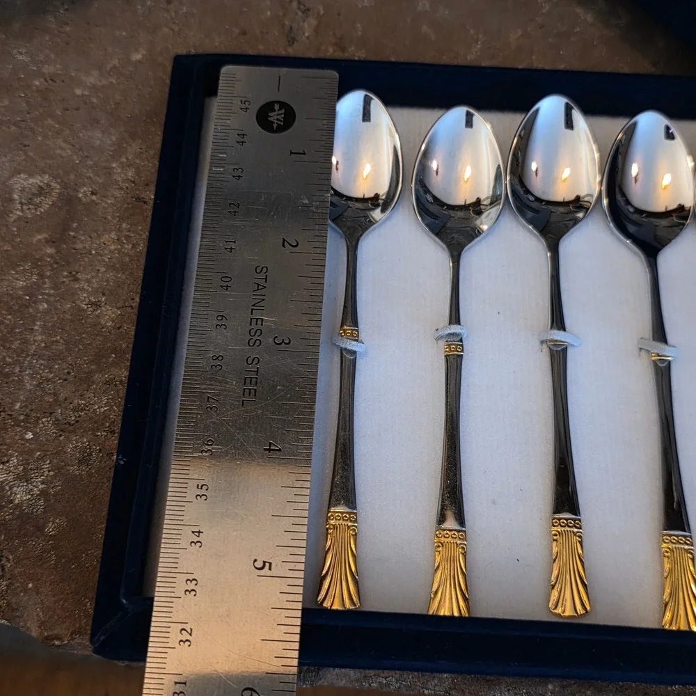 Baek San Royal 18-8 Stainless Steel Demitasse Spoons Gold Trim Set of 6 with Box